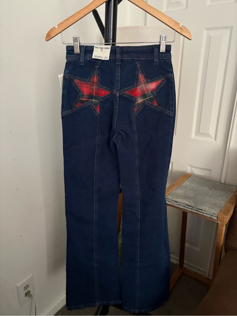 NWT FREE PEOPLE WE THE FREE Firecracker Flare Jeans | Holiday Tartan MSRP $168 - Picture 7 of 10